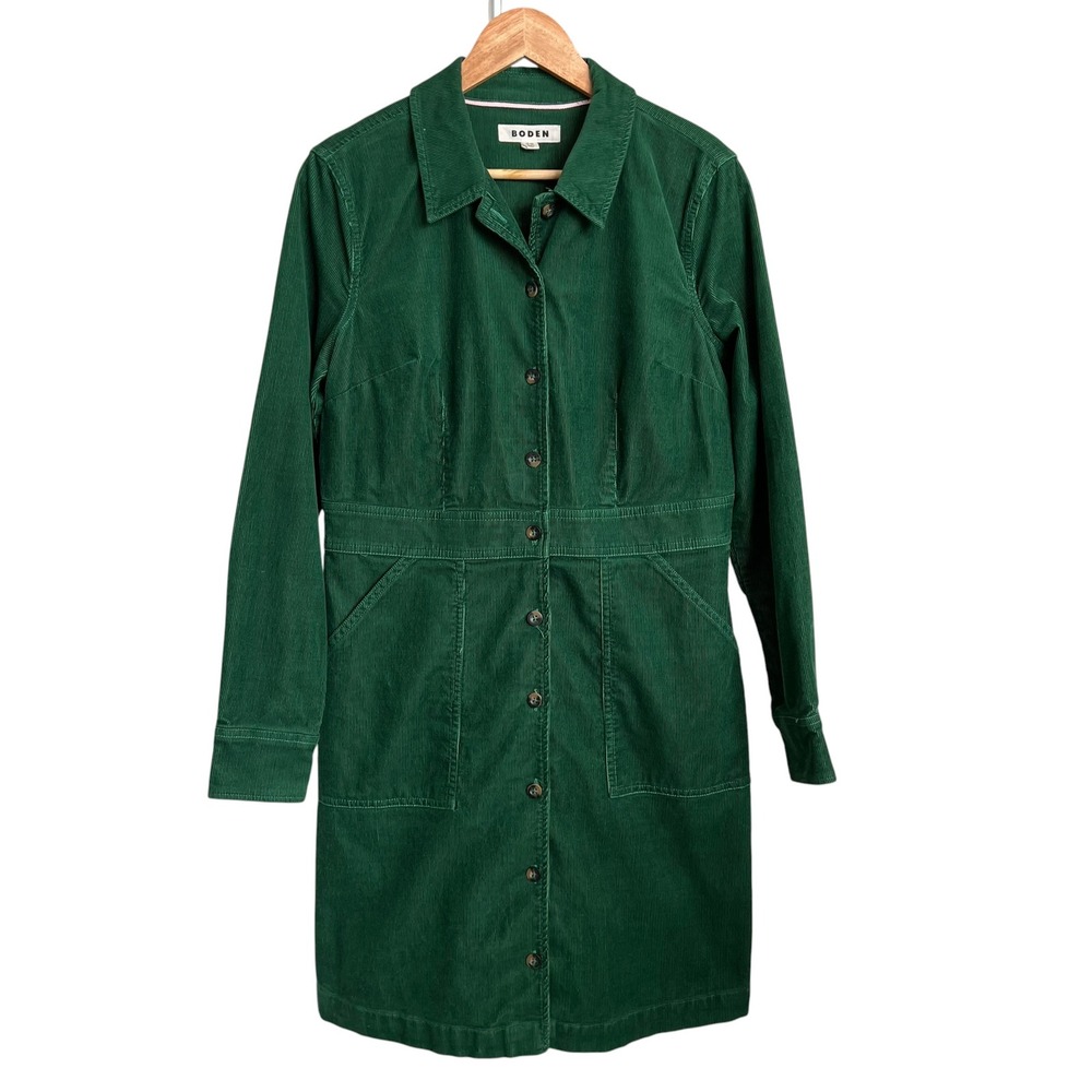 Boden Flora Dark Green Cord Button Long Sleeve Shirt Dress SZ 10R Fall Corduroy - Picture 2 of 13